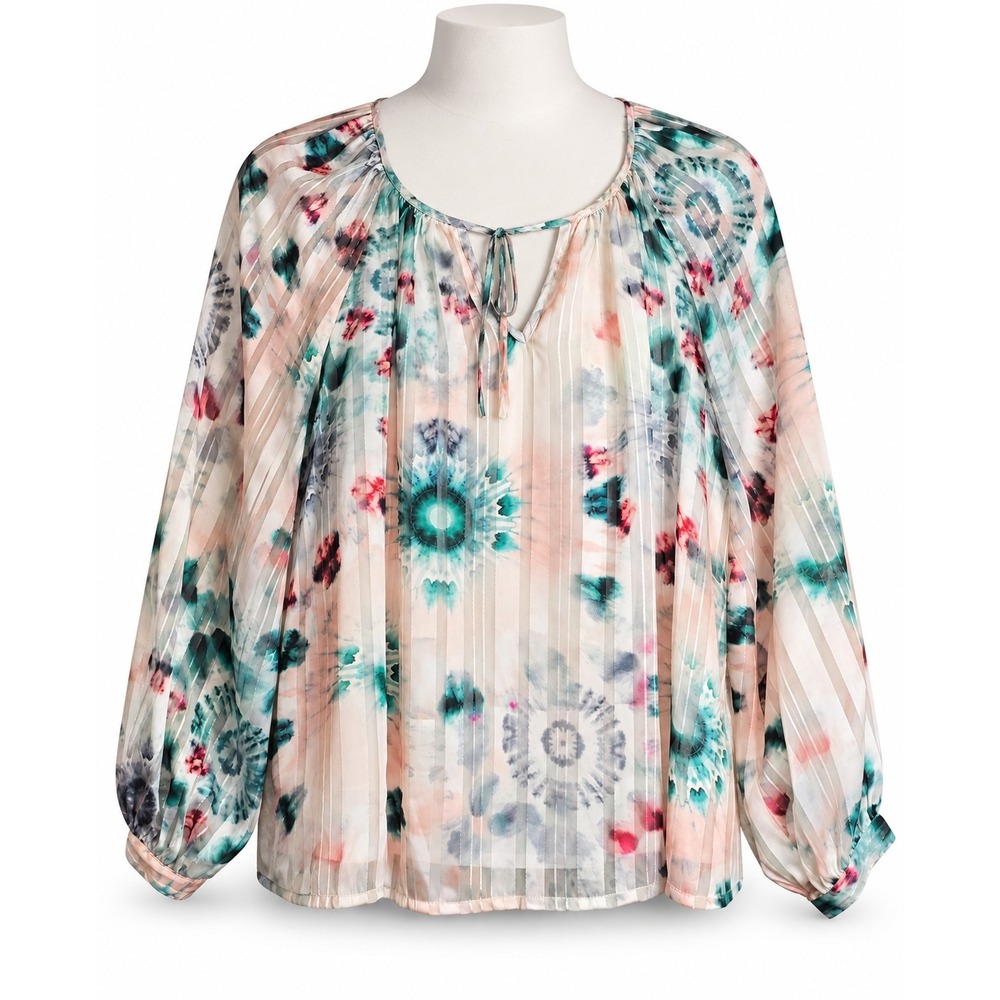 INC International Concepts XXL Blouse NWT Floral Pleated Metallic Tie Neck Top